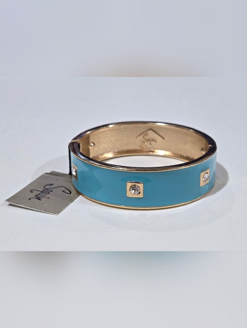 Nordstrom Sequin Aqua Enamel Sparkling Crystals Hinged Bangle Hermès Style NWT